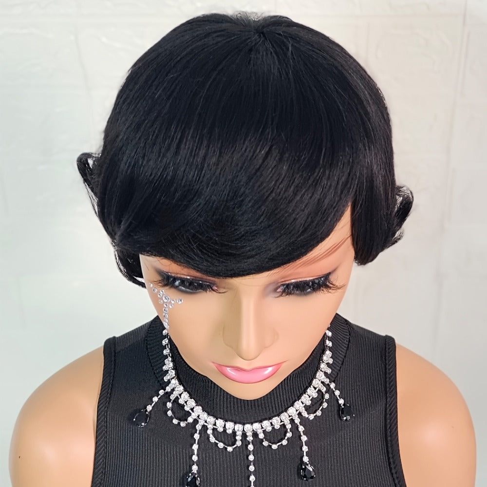 Pixie Cut Human Hair Wig with Bangs in 1B or Number 4 Color and 6 or 8 Inch Length Options