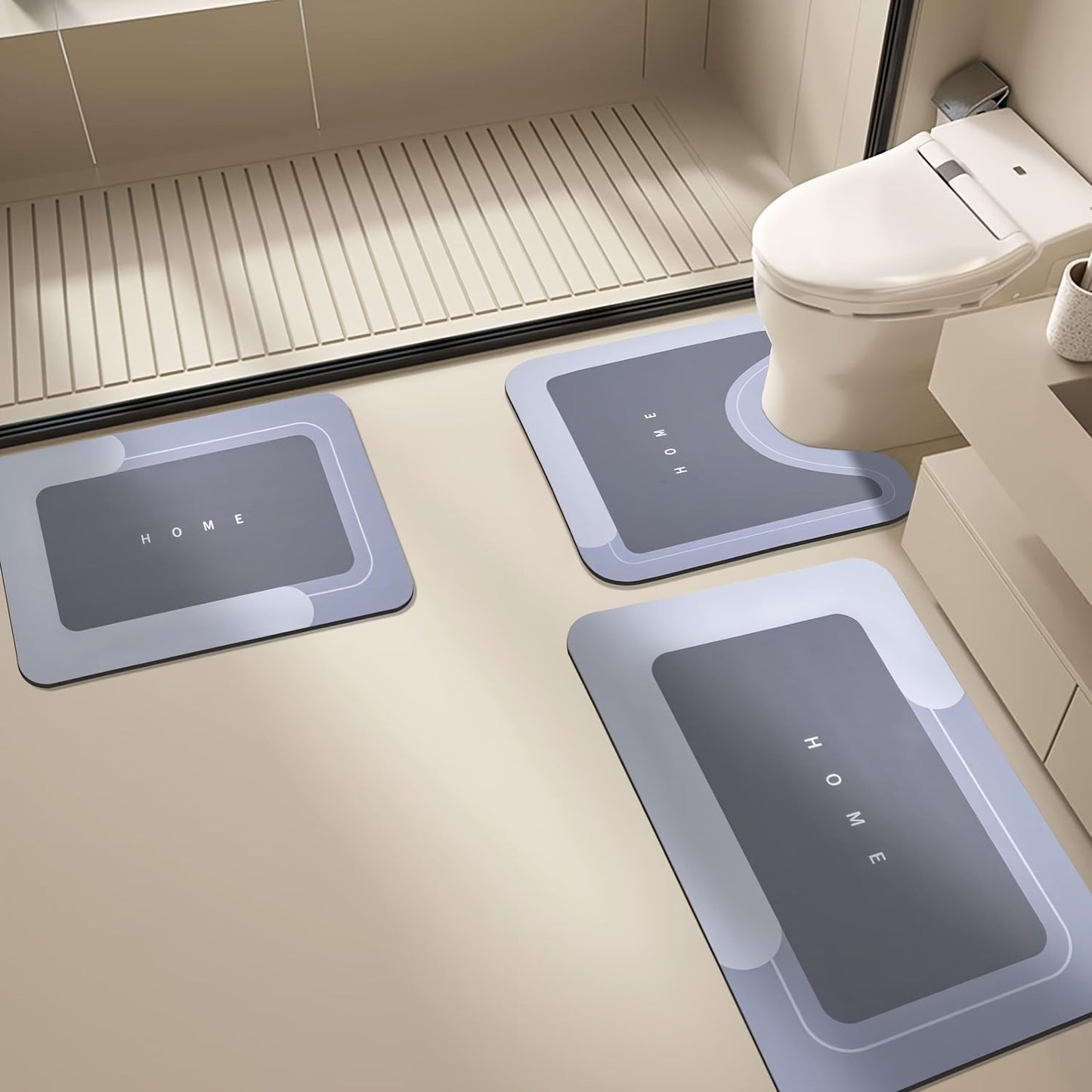 Three-Piece Polyester Bath Mat Set with Rectangular and Contour Rugs in Black Gray, Light Blue or Light Grey