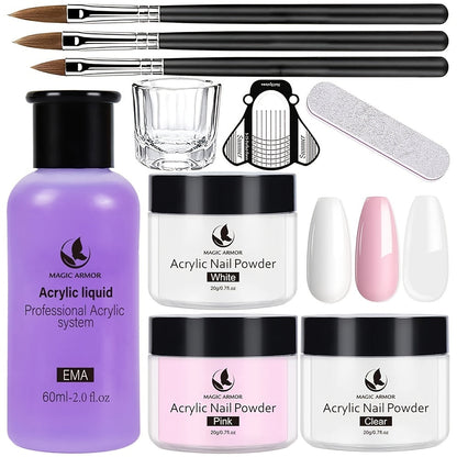 Acrylic Nail Kit for Beginners Nail Technicians with Professional Brush Tricolor Acrylic Powder Complete Starter Set for Practice Nail Extensions Salon Quality DIY Nails