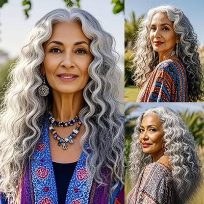 Deep Wave Curly Wig for Women 24 Inch Space Gray Long Synthetic — Glueless Adjustable Buckle Net Cap Heat Resistant for Cosplay Halloween Party Daily Wear