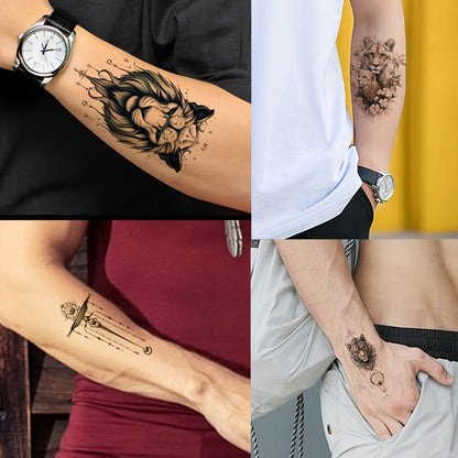 Temporary Tattoos, 44-Sheet Black Animal and Mountain Set with Wolf, Lion and Tiger Designs in Large and Small Sizes