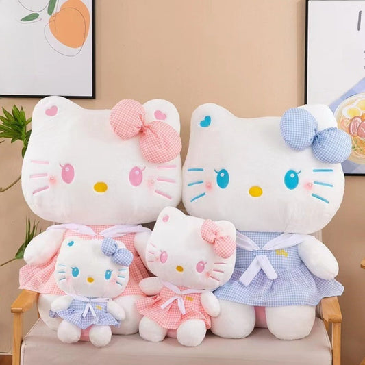 Hello Kitty Dress Up Plush 13.78 Inch — Sanrio Licensed KT Cat Stuffed Doll in Plaid Outfit, Oversized Kawaii Cuddle Pillow & Room Decor Gift for Girls Teens Pink Blue