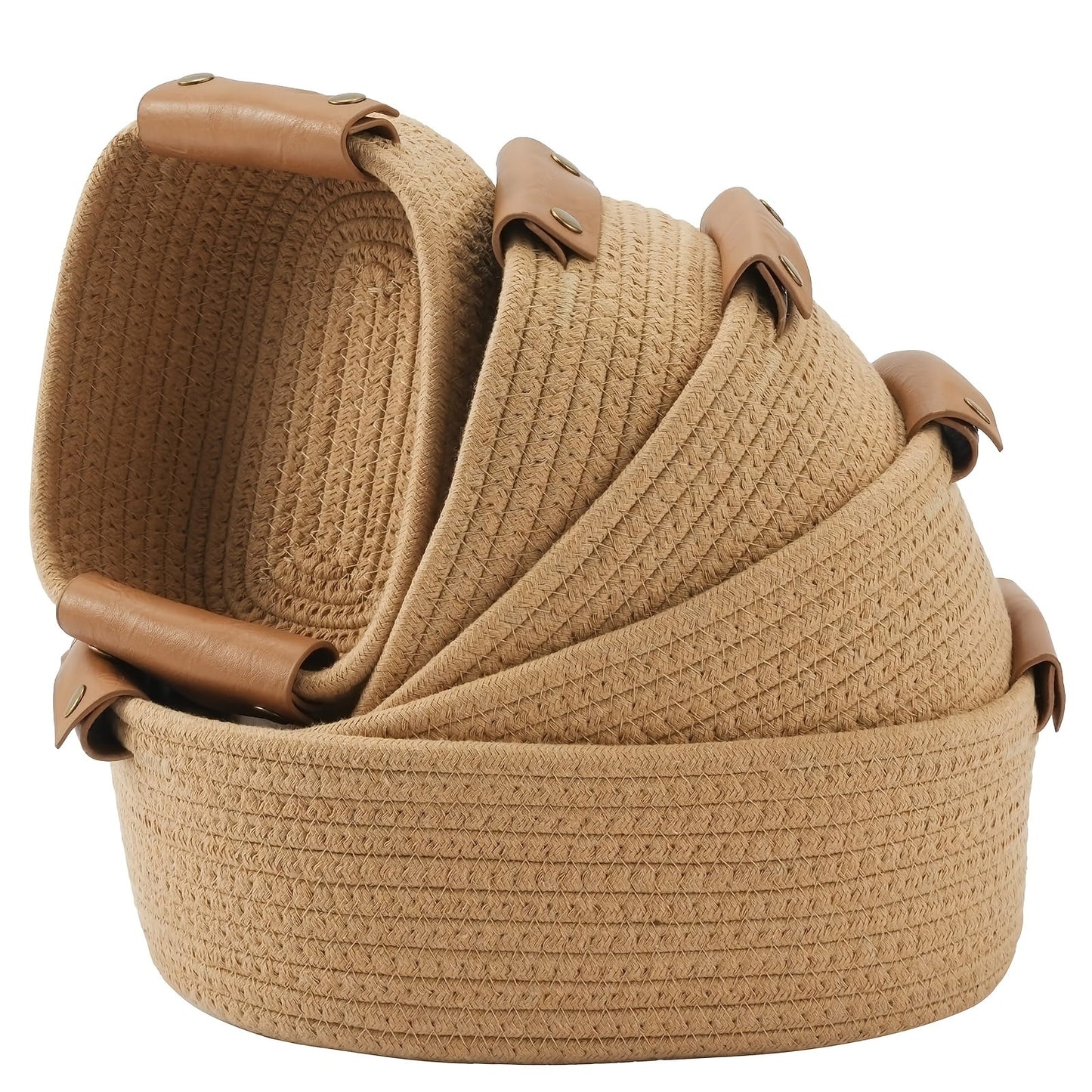 Cotton Rope Storage Baskets Set of 5 with Leather Handles in Four Color Options for Home Organization