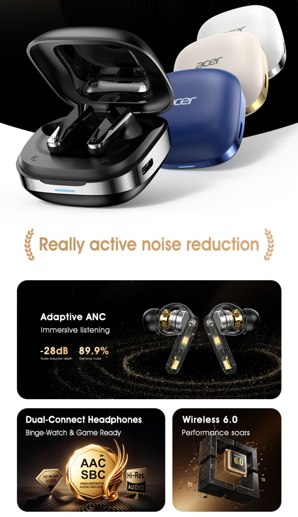 Acer Mini In-Ear Wireless Earbuds Bass Stereo Touch Control, Noise Cancelling Microphone Bluetooth 5.4, Portable Lightweight Long Battery Life, Compatible with Phone Laptop Tablet Mobile, for Exercise