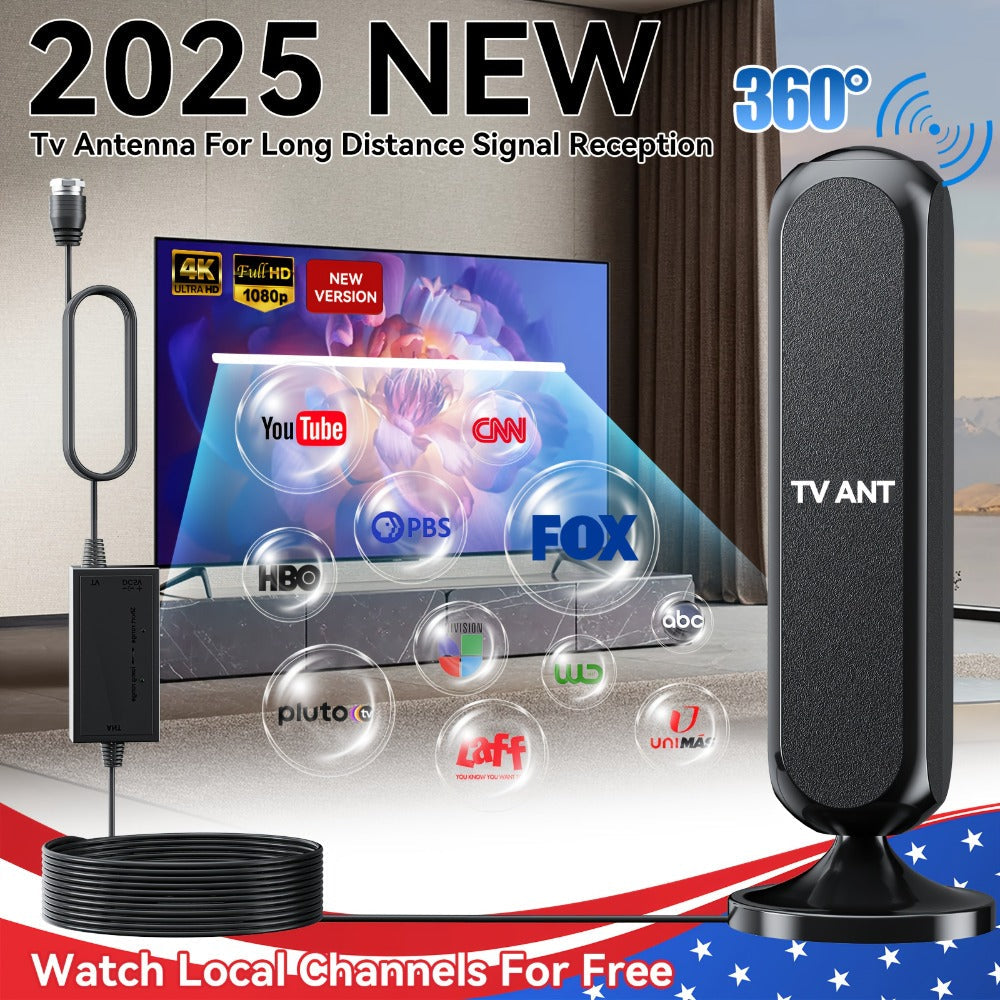 Indoor TV Antenna 360° Omnidirectional 200KM Long Range – 4K HD 1080P Amplified Signal, 16FT Coaxial Cable, Free Local Channels, No Monthly Fee, Works with All Smart TVs, Black