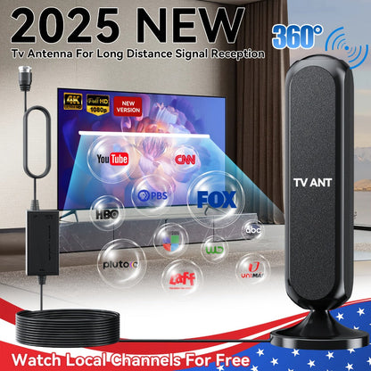 Indoor TV Antenna 360° Omnidirectional 200KM Long Range – 4K HD 1080P Amplified Signal, 16FT Coaxial Cable, Free Local Channels, No Monthly Fee, Works with All Smart TVs, Black
