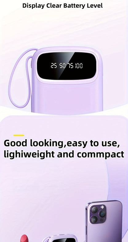 Power Bank 10000mAh with Three Built-In Cables, 5W/15W/22.5W Options, Digital Display and Lanyard