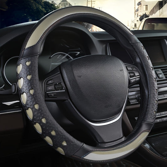 Steering Wheel Cover Faux Leather Heart Pattern – Non-Slip Wear-Resistant Anti-Aging All-Season Car Interior Accessory, Sports Style, Universal Fit, Cute Gift for Women Car Enthusiasts