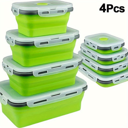 Foldable Meal Prep Containers Set of 4 - Airtight Lids, 4 Sizes, Microwave Dishwasher Refrigerator Safe, Stackable Food Storage for Lunch, Meal Prep, RV, Outdoor Snacks - Green, Red, Blue