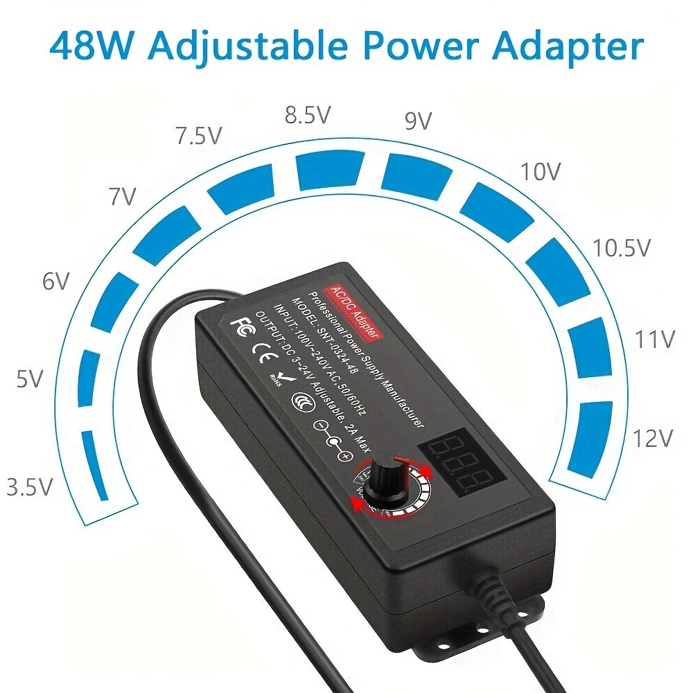 Adjustable 4–24V AC/DC Power Adapter with 48W Label, LCD Readout, Knob and Polarity Converter Set