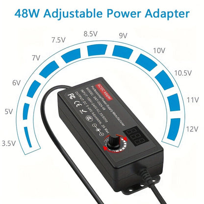 Adjustable 4–24V AC/DC Power Adapter with 48W Label, LCD Readout, Knob and Polarity Converter Set