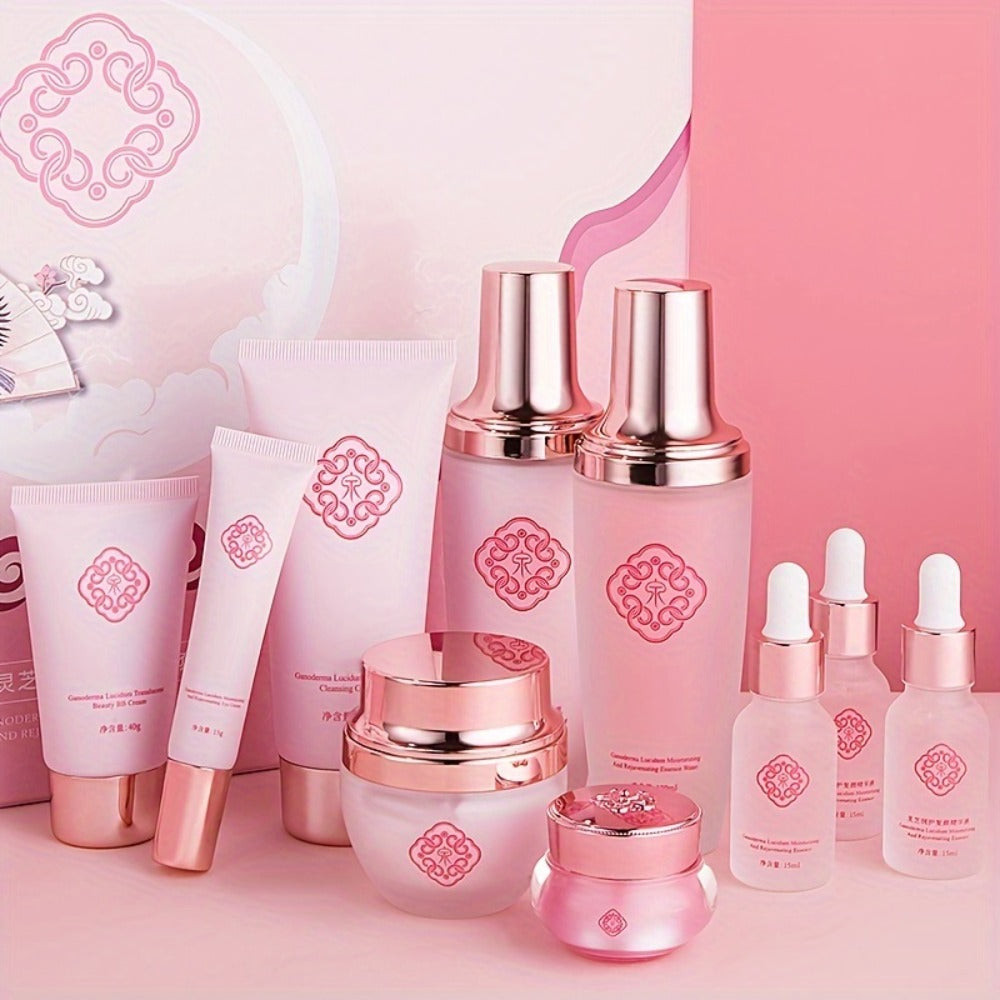10-Piece Botanical Skincare Gift Set with Coordinated Bottles, Jars and Tubes in a Pink Presentation Box