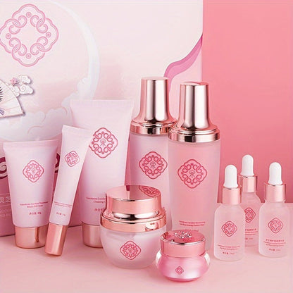 10-Piece Botanical Skincare Gift Set with Coordinated Bottles, Jars and Tubes in a Pink Presentation Box
