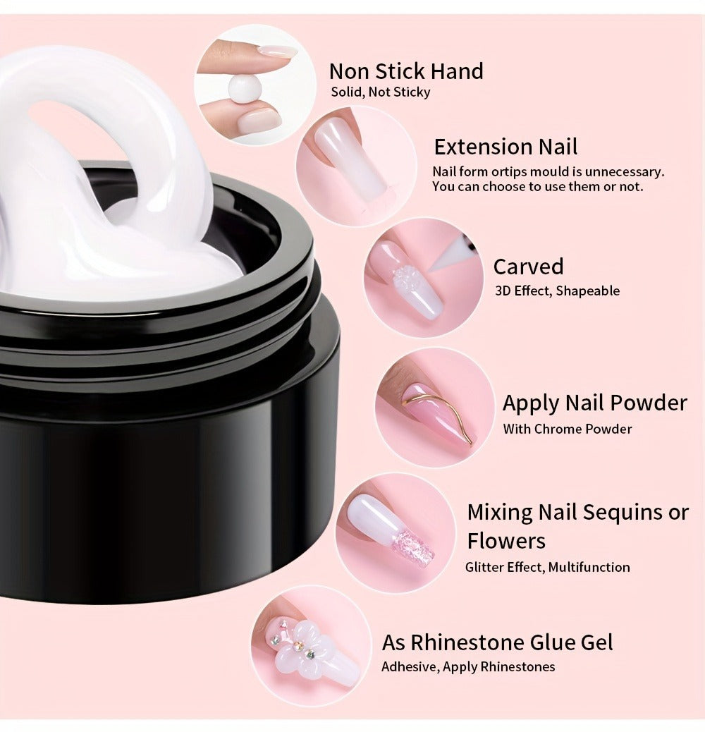 Builder Gel Nail Extension Starter Kit 5pcs Clear Nude Solid — Hard Gel Sculpting Set with Flower Molds & Sculpting Brush for 3D Floral Nail Art, Rhinestone Acrylic Extensions for Women Beginners & Salon