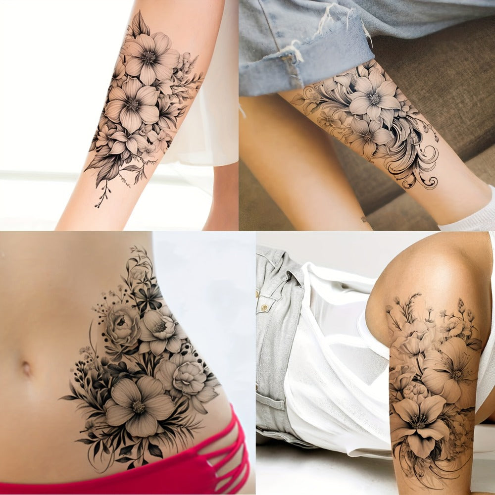 Floral Temporary Tattoos for Women 44-Pack | Realistic Butterfly Snake Half Arm Body Art Stickers | Large & Small Sheets Waterproof Long-Lasting Fake Tattoo | Black Flower Design Set for Adults Teens