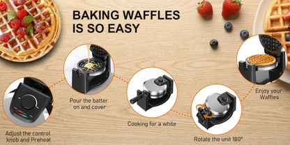 Belgian Waffle Maker 180° Rotating Flip Waffle Iron, Non-Stick Plates, Adjustable Browning Control, Removable Drip Tray, Cool Touch Handle, Stainless Steel, Space-Saving Foldable Design – Single & Double