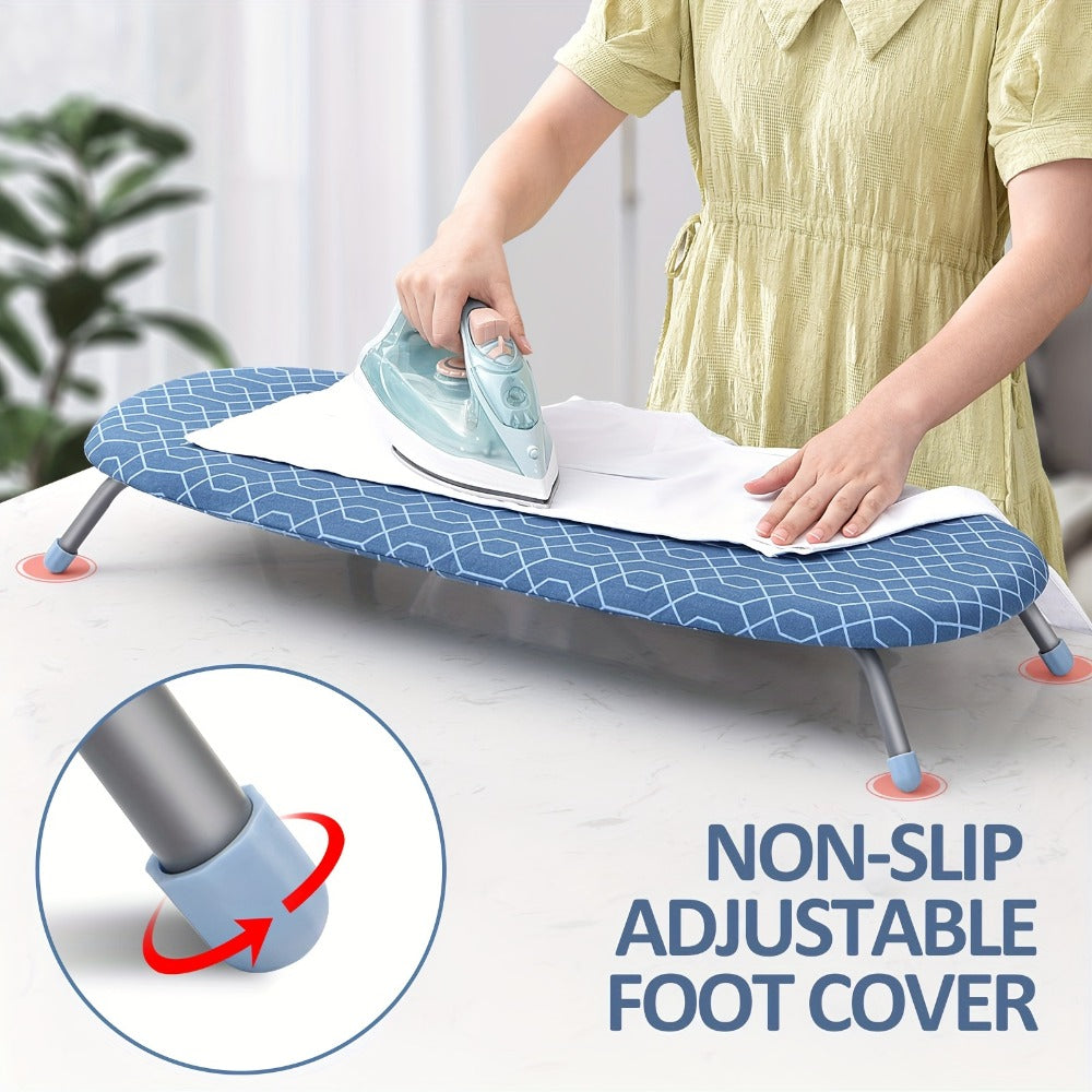 Mini Blue Tabletop Ironing Board with Short Folding Legs, Hanging Loop and Geometric Cover