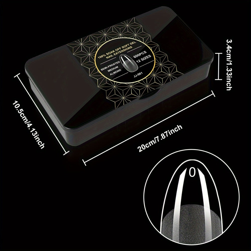 Clear Full-Cover Nail Tips, 600-Piece Set in Nine Almond, Oval, Stiletto, Coffin and Square Length Options