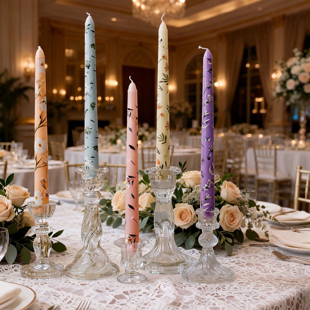 Patterned Taper Candle Set with 9.84-Inch Height in Green, Purple, Blue or Pink and Two- or Four-Piece Options