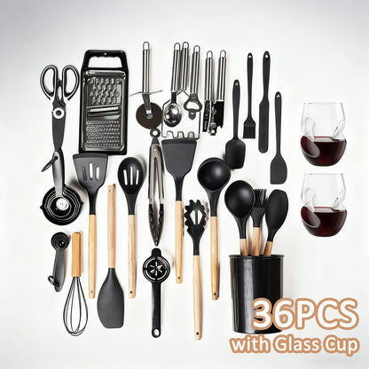 35- or 36-Piece Silicone Kitchen Utensil Set with Holder in Black, Pink or Red, with Optional Glass Cup