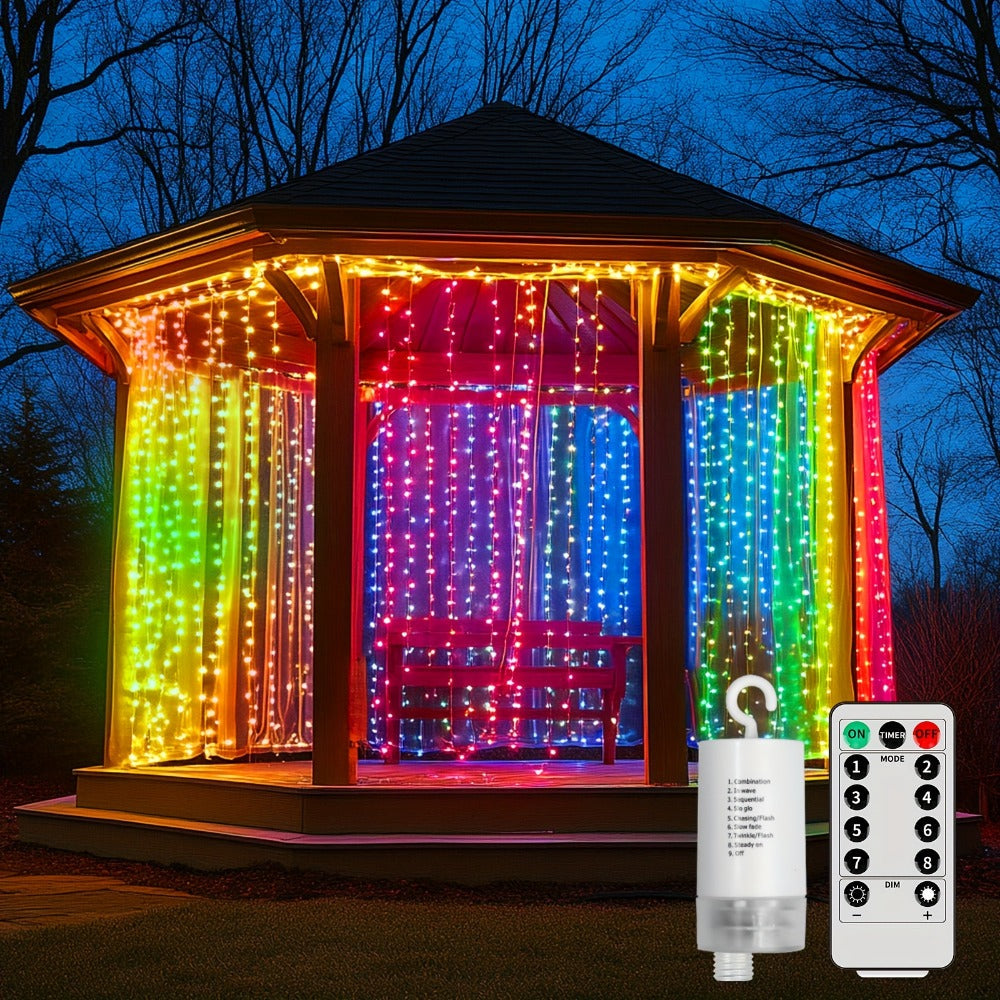 String Lights, 330-LED Waterfall Curtain Panel with Battery Power, Remote, Eight Modes and Three Colors