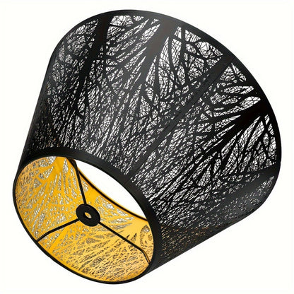 Metal Lampshade Etched Forest & Leaf Design | Black Exterior Gold Interior | Barrel Lamp Shade for Table Lamp & Floor Lamp | Medium Large Decorative Lampshade 7x13x7.8 inch