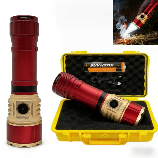 Flashlight Fresnel Lens Rechargeable Hand Torch with 21700 3500mAh Battery in Red Finish for Outdoor Use
