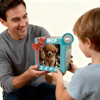 Brown Electronic Plush Puppy Toy with Walking, Barking and Tail-Motion Icons in a Single Boxed Option