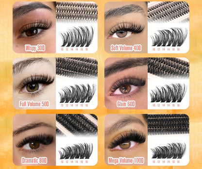 Lash Extension Kit with 708 Clusters in 8-16mm Mixed Lengths and 30D-100D Densities, Glue, Tweezers and Brush