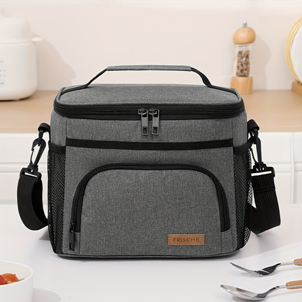 Insulated Lunch Bag with Adjustable Shoulder Strap, Dual Zippers and Black, Grey or Blue Color Options