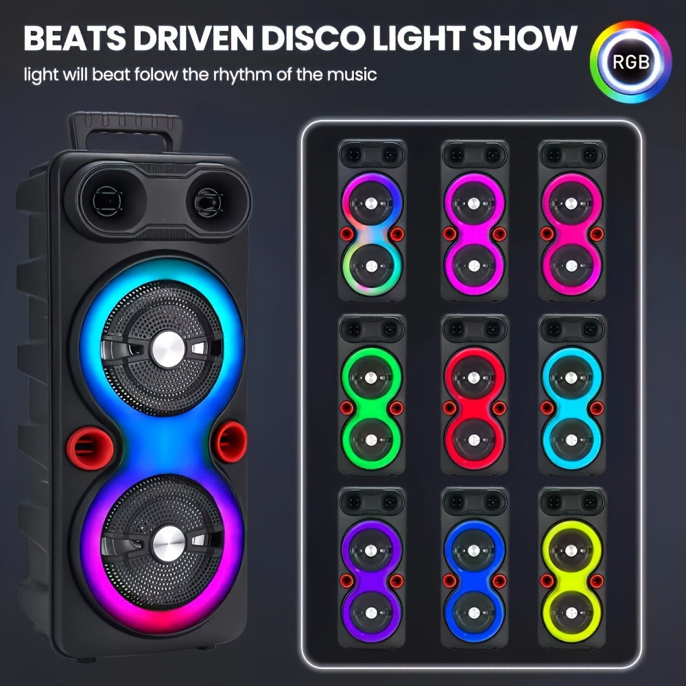 Dual 8.5-Inch Portable Party Speaker with RGB Lights, Bluetooth, TWS, FM, USB and Built-In Microphone