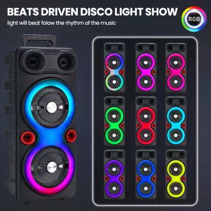 Dual 8.5-Inch Portable Party Speaker with RGB Lights, Bluetooth, TWS, FM, USB and Built-In Microphone