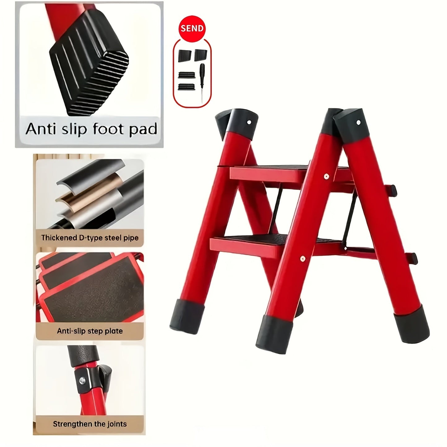 Folding Metal Step Ladder with Handrail, Ribbed Treads and Two-, Three-, Four- or Five-Step Options