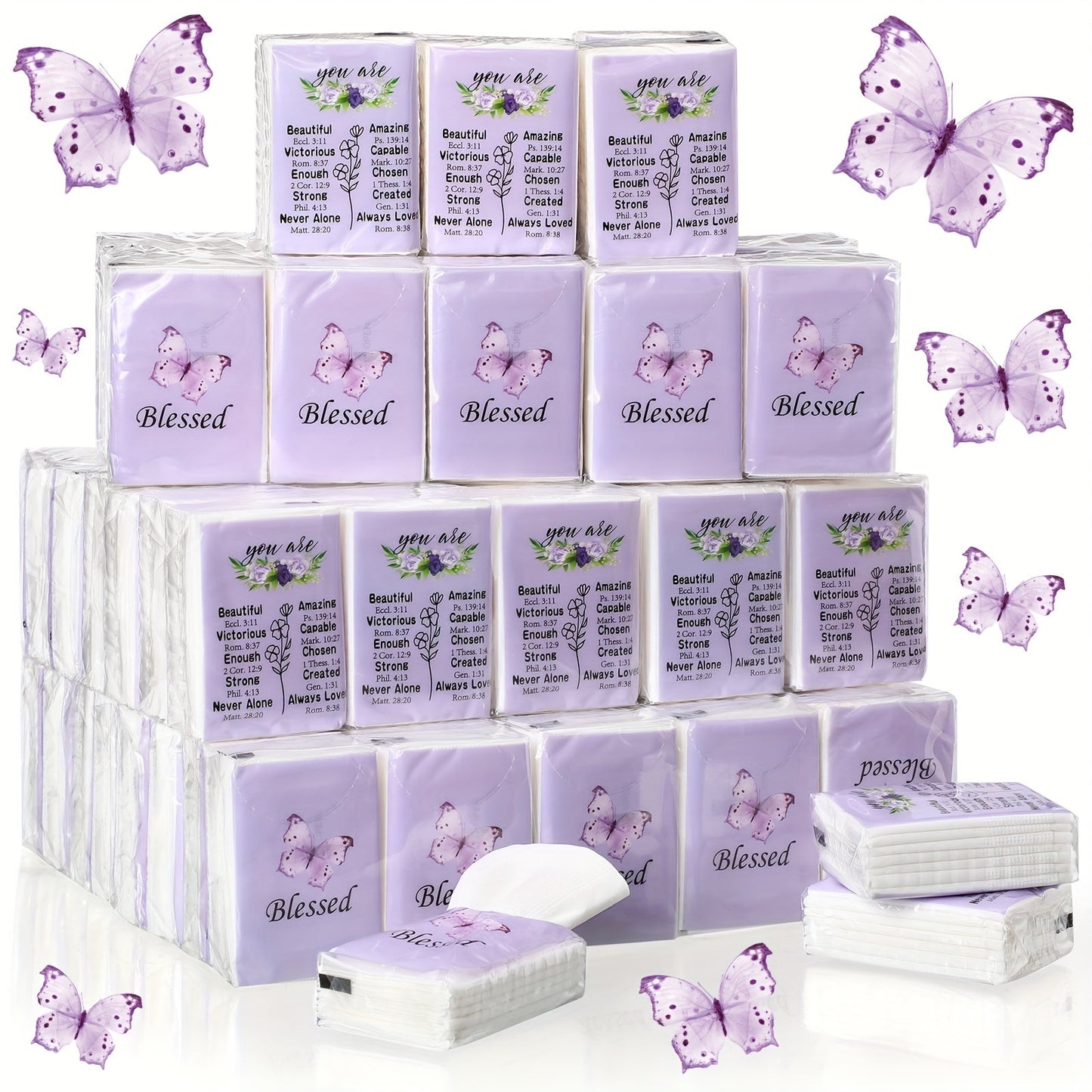 One-Hundred-Pack Purple Floral Pocket Tissue Set with Seven Three-Ply Sheets in Each Travel Pack