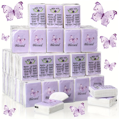One-Hundred-Pack Purple Floral Pocket Tissue Set with Seven Three-Ply Sheets in Each Travel Pack