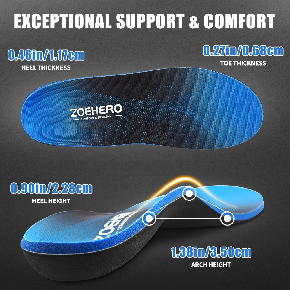 Blue Full-Length Shoe Insoles with Raised Arch Profile and Black Base in Ten Men's and Women's Size Options