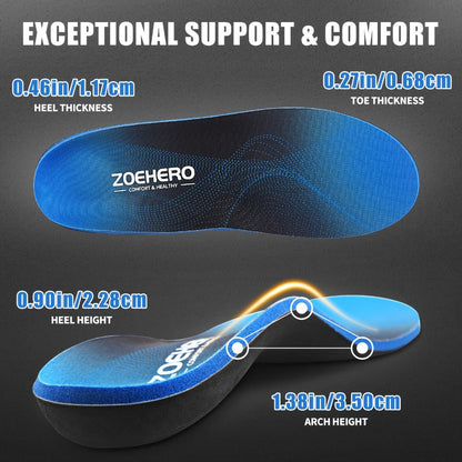 Blue Full-Length Shoe Insoles with Raised Arch Profile and Black Base in Ten Men's and Women's Size Options