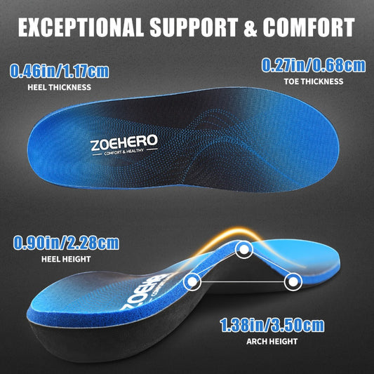 Blue Full-Length Shoe Insoles with Raised Arch Profile and Black Base in Ten Men's and Women's Size Options