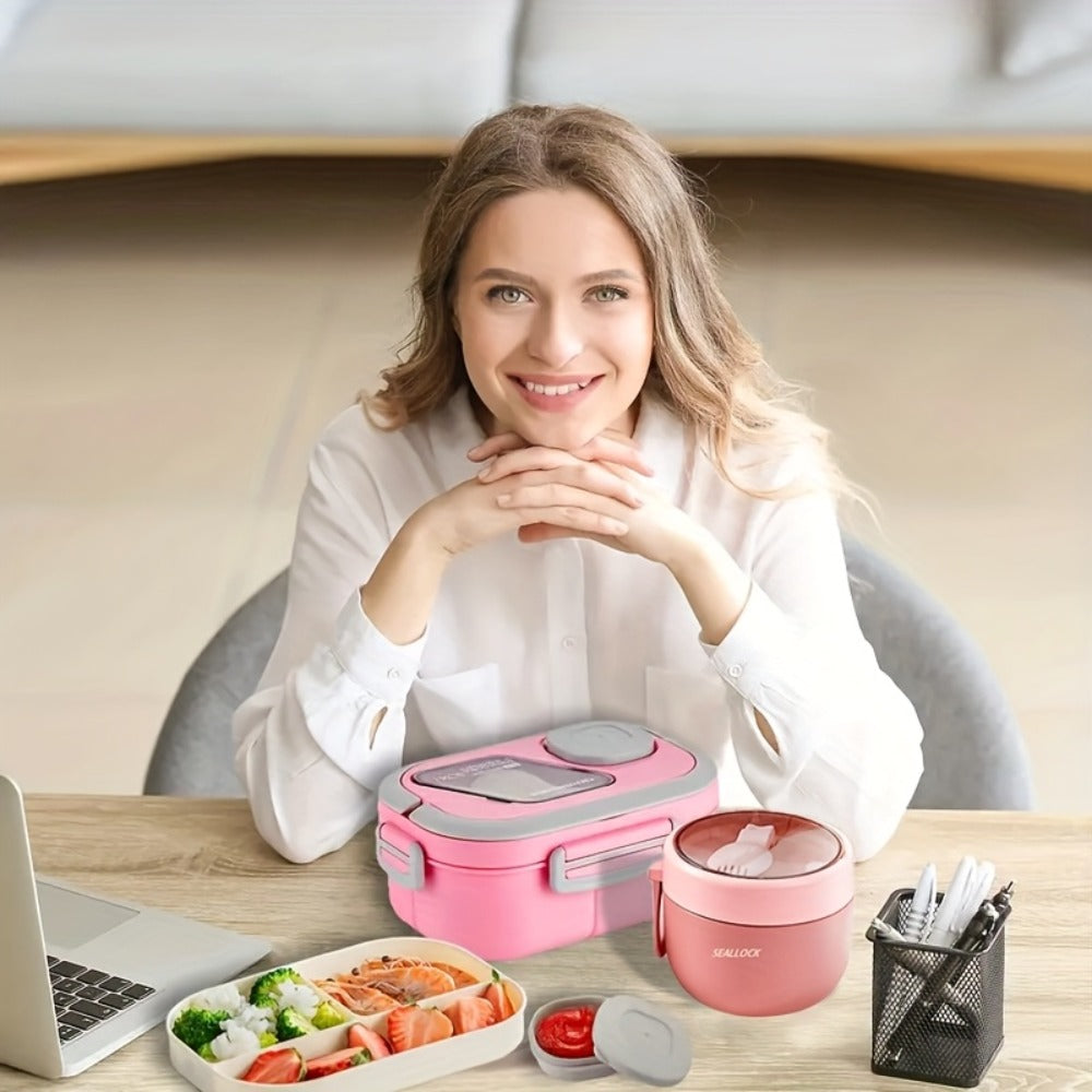 Two-Layer Bento Box Set with Multiple Compartments, Cup, Carry Bag, Cutlery and Sauce Container