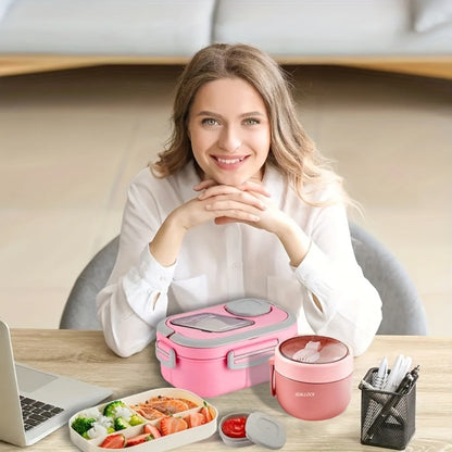 Two-Layer Bento Box Set with Multiple Compartments, Cup, Carry Bag, Cutlery and Sauce Container