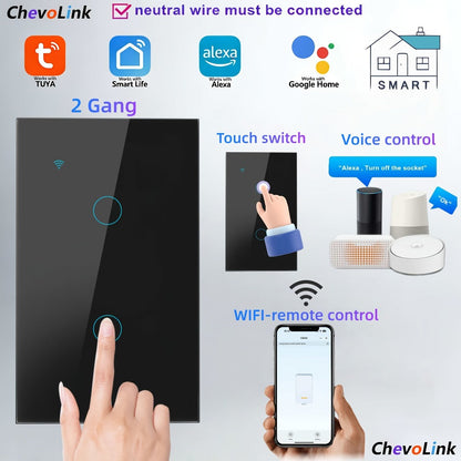 Black Glass WiFi Touch Wall Switch with One-, Two-, Three- or Four-Gang US-Style Options and Neutral-Wire Wiring