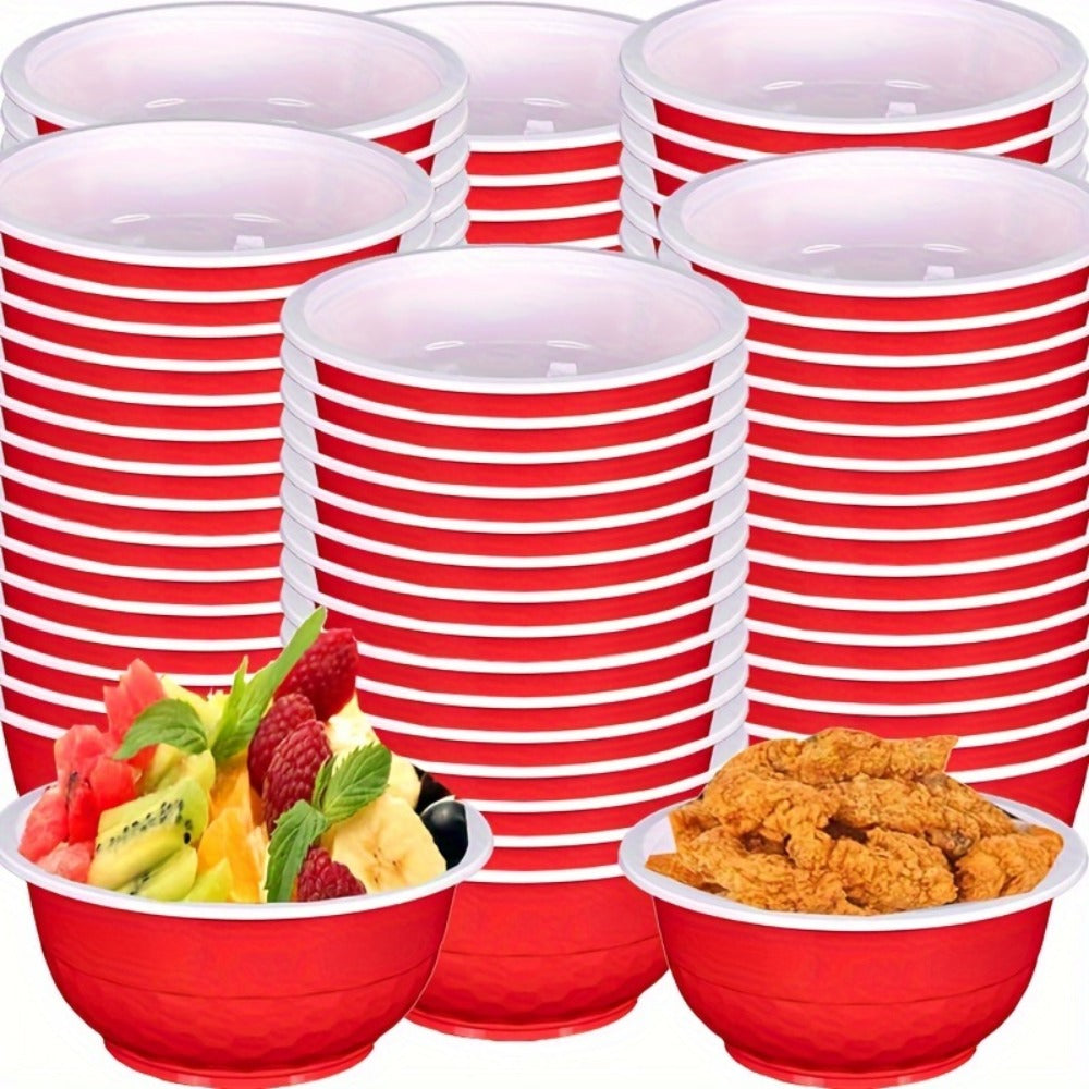 Striped 13-Ounce Disposable Plastic Serving Bowls with Side Handles, 120-Piece Red, Yellow or Green Packs