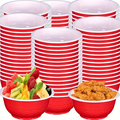 Striped 13-Ounce Disposable Plastic Serving Bowls with Side Handles, 120-Piece Red, Yellow or Green Packs