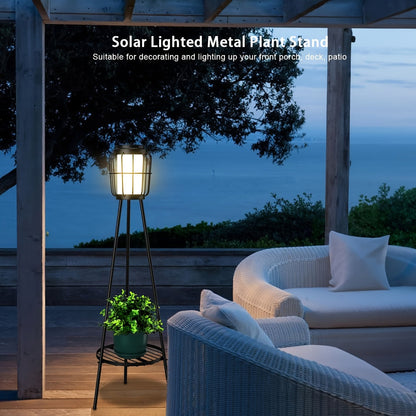 Solar Floor Lamp with Metal Plant Stand 36 Inch Outdoor Solar Light Flower Shelf for Patio Deck Yard Garden Outdoor Decor Gift Set of 2