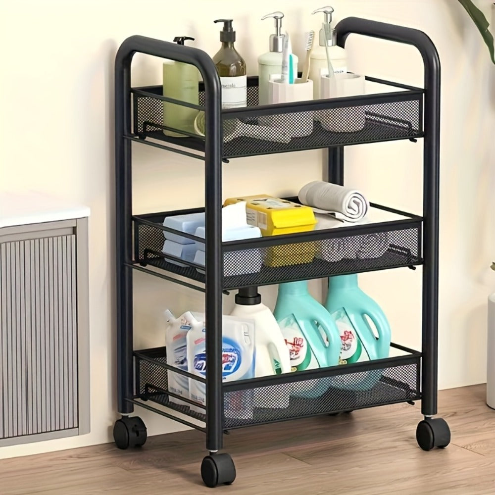 Three-, Four- or Five-Tier Black Carbon Steel Rolling Storage Cart with Detachable Wire Baskets