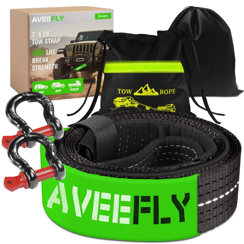 Recovery Tow Strap 4-in-1 Kit 4000-6000 LBS - Off-Road Emergency Strap with D-Ring Shackles, Safety Flag & Storage Bag for Truck, Jeep, ATV, UTV