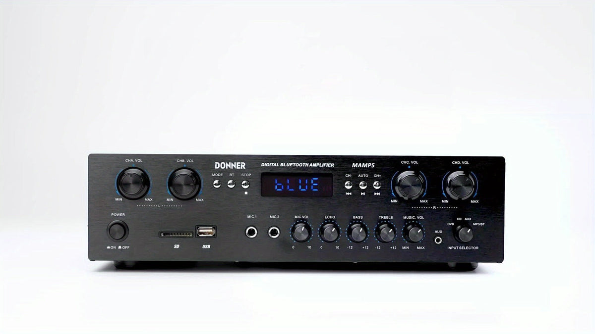 Donner 4-Channel Home Stereo Receiver Amplifier with USB SD FM Radio, Dual Mic Input Echo, RCA