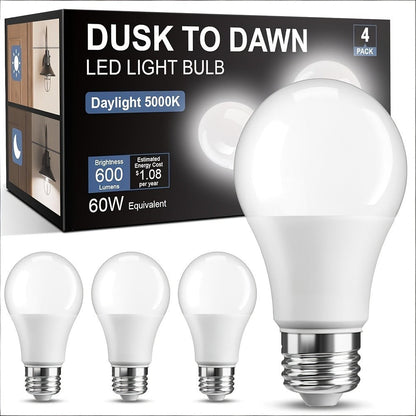 Dusk-to-Dawn A19 LED Sensor Bulbs, 9 W, 800 Lumens and 5000 K Daylight with E26 Base in 4 or 12 Packs