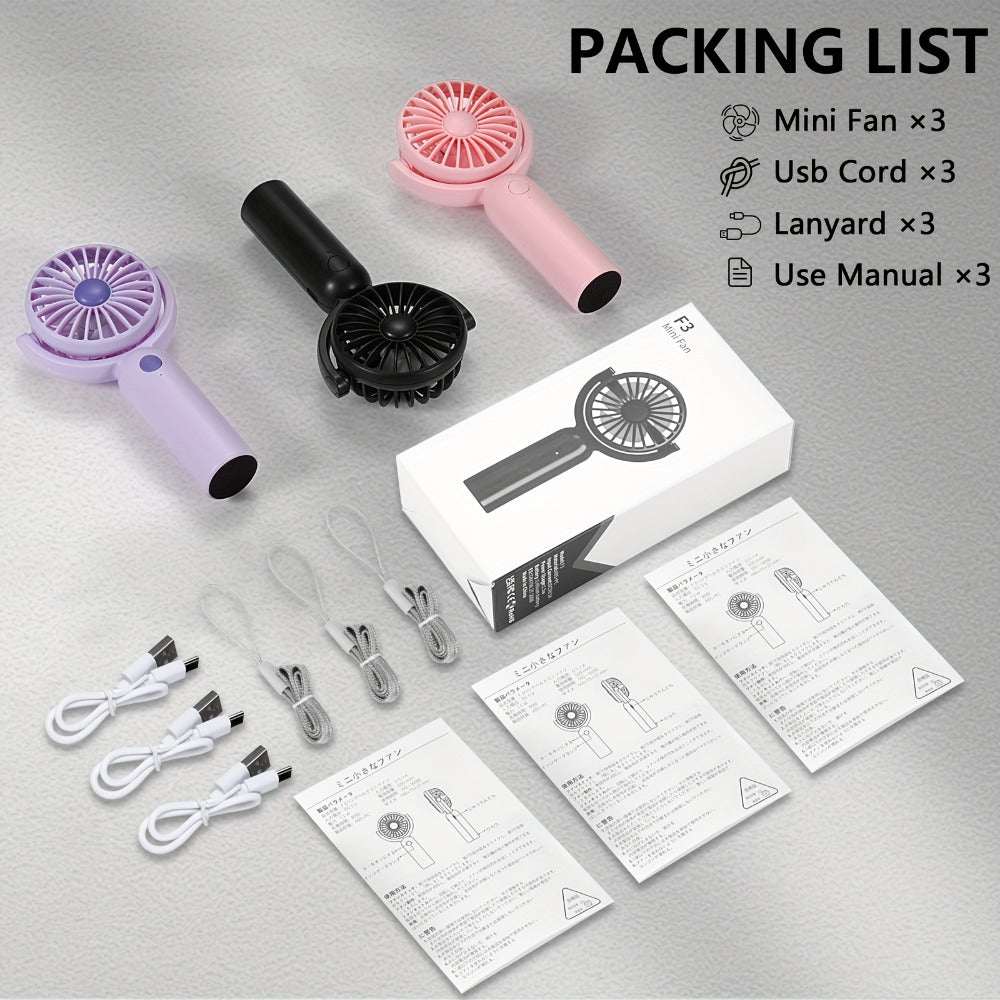 Mini Handheld Fan Set with Pivoting Heads, Three Speeds, USB-C Charging and 3- or 6-Piece Color Packs