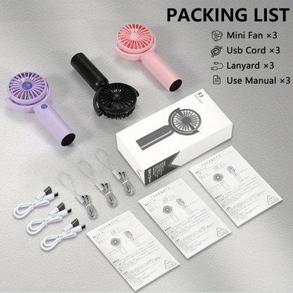 Mini Handheld Fan Set with Pivoting Heads, Three Speeds, USB-C Charging and 3- or 6-Piece Color Packs